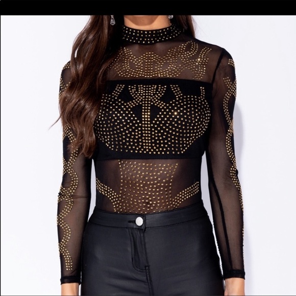 SEXY Black Mesh Bodysuit with gold studs - Picture 2 of 7